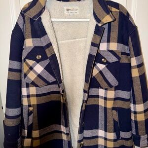 Matix Plaid Sherpa-Lined Jacket in Navy, Tan & Cream